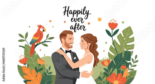 Flat style vector illustration of a smiling wedding couple embracing with “Happily Ever After” text, surrounded by tropical flowers and a parrot, symbolizing romance, love, and celebration