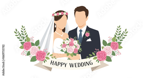 flat style Vector illustration of a bride and groom in wedding attire with floral decorations and banner, symbolizing love, marriage, romance, and celebration, perfect for invitations or wedding
