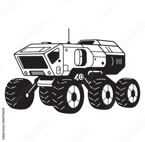 Black and white illustration of a space rover or mars exploration vehicle on wheels