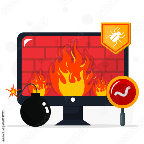 Vector illustration of a computer screen with flames, firewall, bomb, and malware icons. Representing cyber attack, virus infection, and online security threat.