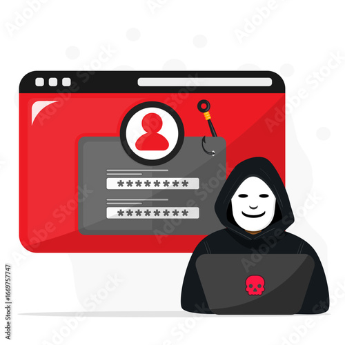 Masked hacker stealing login credentials through phishing. Concept of password theft, cyber crime, personal data stealing and online fraud threats.