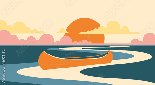 A tranquil canoe journey at sunset, with soft hues painting the sky and a winding path on the water.