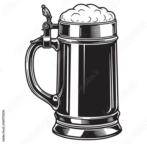 Classic black and white illustration of a traditional beer stein with foamy head