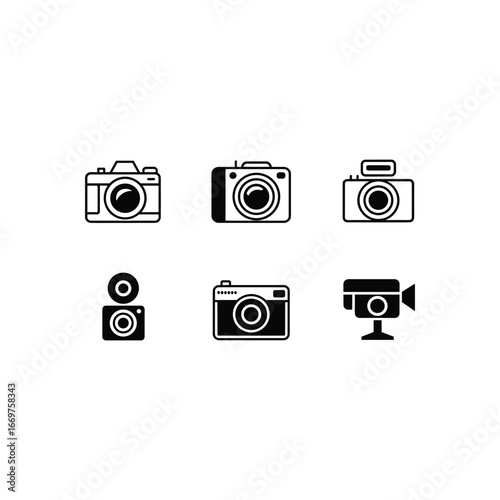 Collection of six black and white camera icons representing photography and videography technology