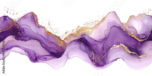 Abstract purple and gold ink wave isolated on transparent background