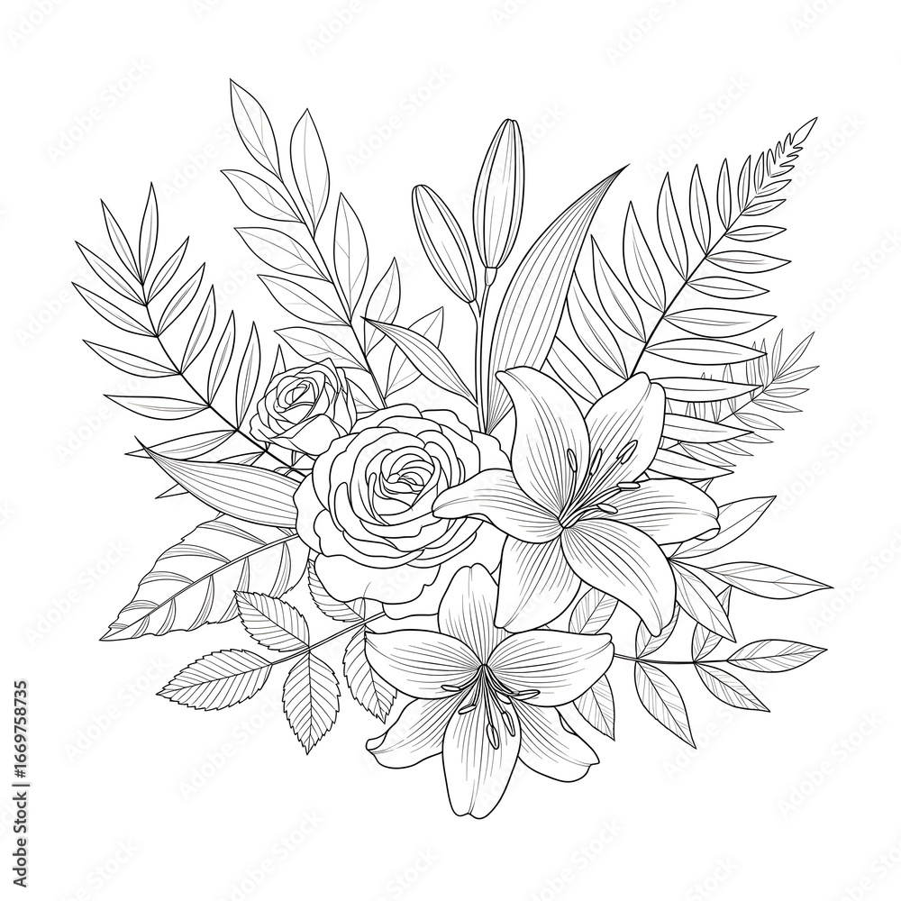 Fototapeta premium A delicate line drawing of a floral arrangement featuring roses, lilies, and ferns, perfect for coloring or design.