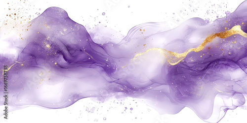 Abstract fluid purple and gold ink cloud with glitter isolated on transparent background