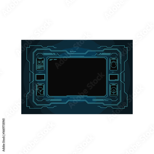 Futuristic digital screen interface with blue and teal glowing circuitry and a black central display