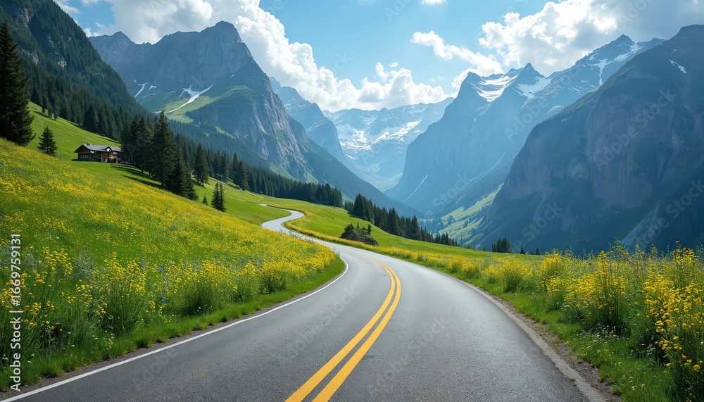 Fototapeta premium Winding mountain road through green fields dotted with yellow flowers. Majestic snow-capped peaks and forests line the route under a blue summer sky with clouds. A remote cabin sits on the hillside.