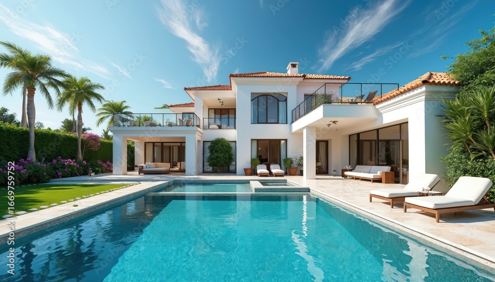 custom made wallpaper toronto digitalModern luxury house with large swimming pool, palm trees. White exterior, Spanish tile roof. Outdoor lounge area with chaise lounges. Sunny day with blue sky, white clouds. Ideal for vacation,