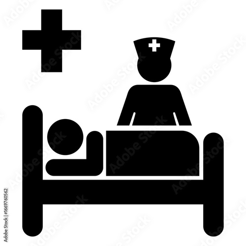 Icono habitación de hospital. Símbolo de asistencia sanitaria. Silueta de enfermera con un paciente en la cama