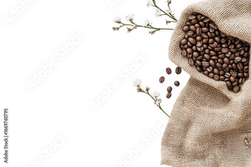 Coffee beans spilling from a burlap sack isolated on transparent background