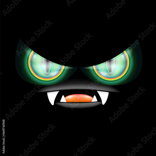 A scary monster with glowing green eyes and razor-sharp teeth peers out of the darkness, a frightful Halloween backdrop featuring an open mouth and fangs