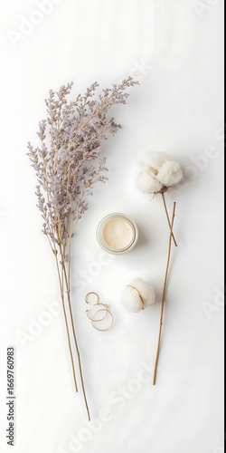 Dry flowers, cotton, cream, and ring isolated on white background for beauty and wellness product presentation, branding, and advertisement purposes