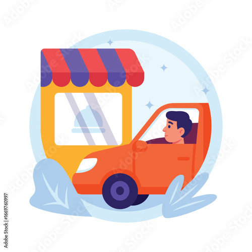 Flat illustration of a man driving a car to pick up food at a drive thru restaurant.