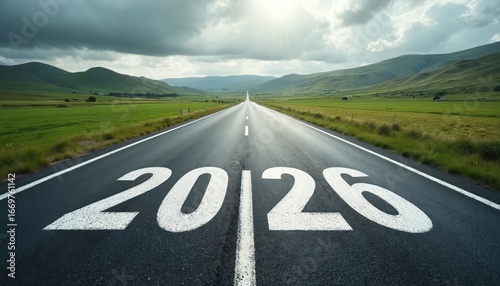 Open road marked with 2026 heads towards distant hills under a cloudy sky. Serene countryside landscape with green fields and trees lines the asphalt path, suggesting travel and future destinations.
