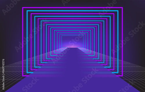 Tunnel light neon color geometric corridor stretching to the horizon. Futuristic portals. Vector illustration.