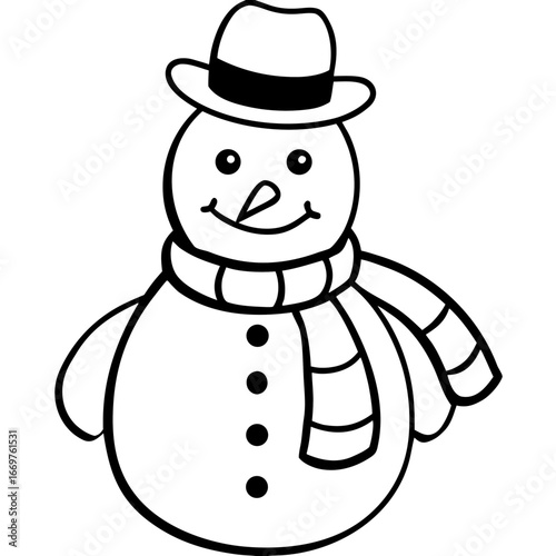 Cute winter cartoon snowman with a hat and scarf on an isolated white background for holiday celebration