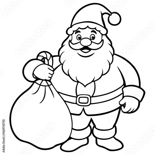 Funny cartoon illustration of Santa Claus with a gift bag and a Christmas tree, along with cute baby animals and a bear