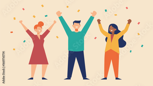 Three happy colleagues celebrating together with raised arms and confetti