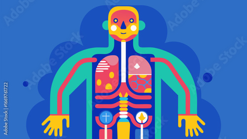 Colorful flat illustration of human anatomy showing internal organs and systems in stylized form