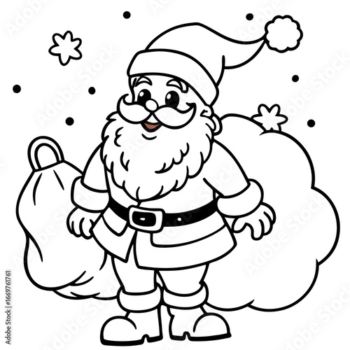 A whimsical cartoon of Santa Claus, jolly with a sack full of gifts, ready for Christmas