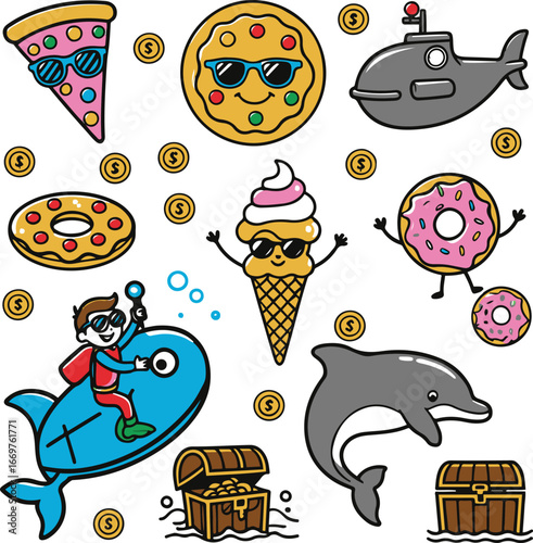 Cartoon kids food doodle, bold thick outline, smiling pizza with sunglasses, ice cream cone dancing, donut with arms, playful illustration vector