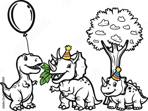 Cute baby dinosaur doodle, bold thick line art, small T-rex with balloon, triceratops eating leaves, brontosaurus with hat, kids coloring page vector 2