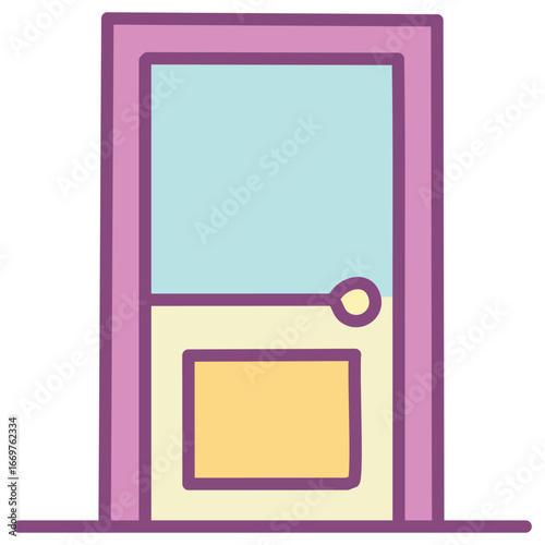 A vibrant and simple vector icon of a door with a doorknob, representing a welcome and an invitation.