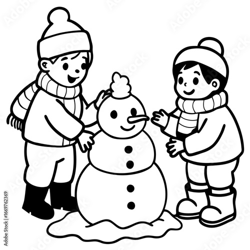 Vector drawing of a happy father and son building a snowman together in the winter