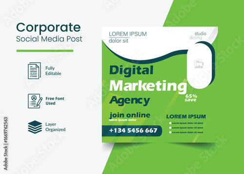 Digital Marketing Agency Corporate Social Media Post: A modern corporate social media post for a digital marketing agency, showcasing a professional design with clean lines, impactful text.