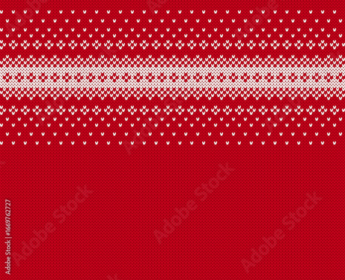 Xmas ornament on knit seamless pattern. Christmas red knitted texture border print. Holiday background. Fair isle traditional ornament. Festive sweater. Vector illustration.