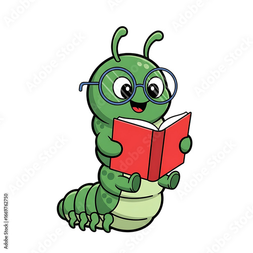 Cute cartoon caterpillar wearing glasses reading a book, isolated on transparent background