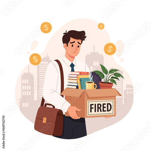 Flat style vector illustration of a sad businessman carrying a box labeled fired with personal belongings, symbolizing unemployment, financial stress, career loss, and economic challenges
