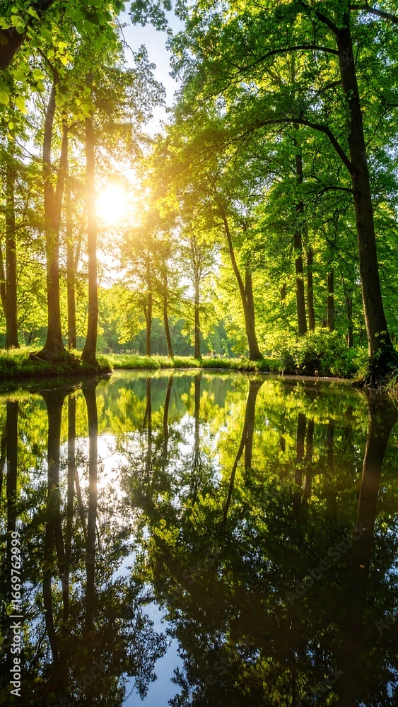 Obraz premium Sunlight streams through a tranquil forest reflecting in a still pond