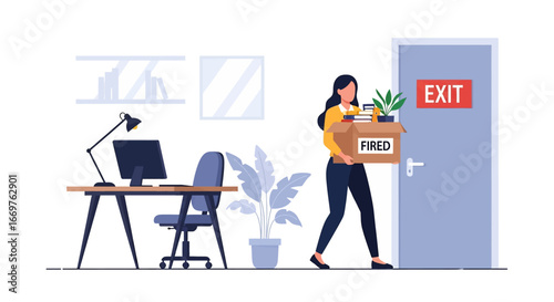 Vector illustration of a female employee leaving the office with a box labeled fired, symbolizing workplace termination, unemployment, career setback, and corporate downsizing