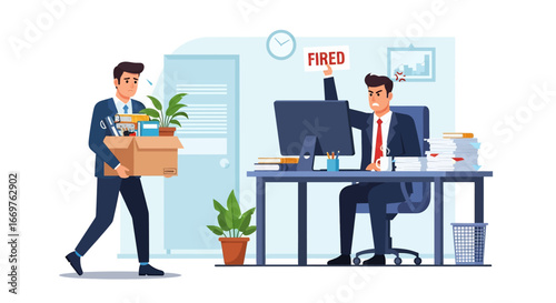 Vector illustration of a boss firing an employee carrying a box of belongings, symbolizing workplace termination, job loss, unemployment, and corporate downsizing in a stressful office environment
