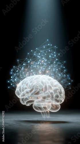 A 3D model of a glowing brain with pulsing neurons and mind impulses. Artifical intelligence model, chat bot. 