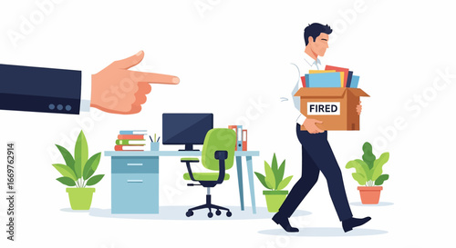 Vector illustration of an employee leaving the office with a box labeled fired, symbolizing job loss, workplace dismissal, career challenges, and corporate downsizing