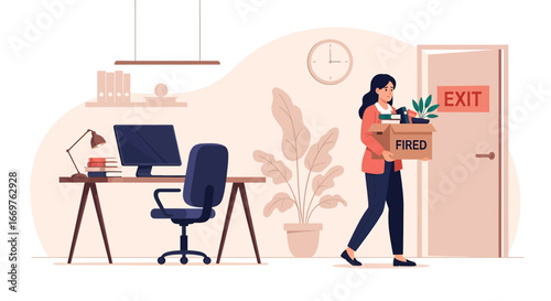Vector illustration of a female employee leaving the office with a box labeled fired, symbolizing workplace termination, unemployment, career setback, and corporate downsizing