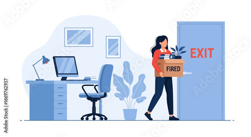 Vector illustration of a female employee leaving the office with a box labeled fired, symbolizing workplace termination, unemployment, career setback, and corporate downsizing