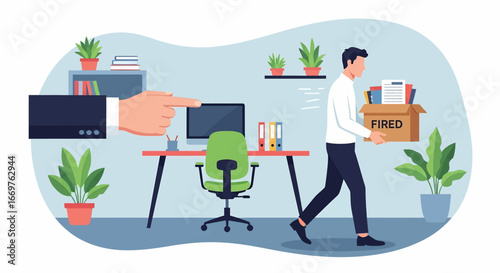 Vector illustration of an employee leaving the office with a box labeled fired, symbolizing job loss, workplace dismissal, career challenges, and corporate downsizing