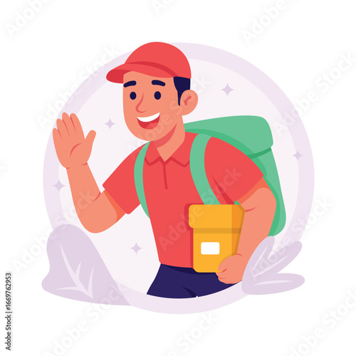 A flat style illustration of a delivery man walking and carrying a shopping bag.