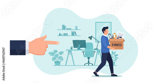 Vector illustration of an employee leaving the office with a box labeled fired, symbolizing job loss, workplace dismissal, career challenges, and corporate downsizing