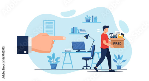Vector illustration of an employee leaving the office with a box labeled fired, symbolizing job loss, workplace dismissal, career challenges, and corporate downsizing