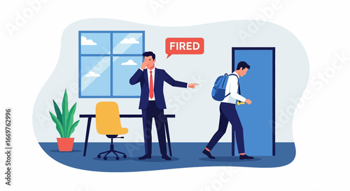 Vector illustration of a boss firing an employee in an office, showing workplace dismissal, unemployment, and career challenges, symbolizing stress, job loss, and business management decisions