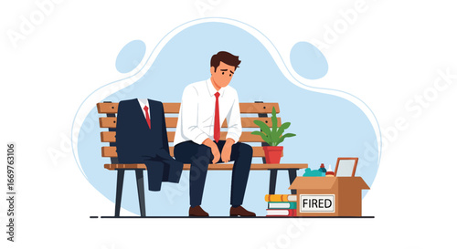 Vector art of a sad businessman sitting on a park bench after being fired, with personal belongings in a box, symbolizing unemployment, job loss, and career challenges