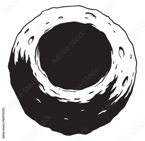 Hand drawn illustration of a celestial body crater featuring a black hole concept design
