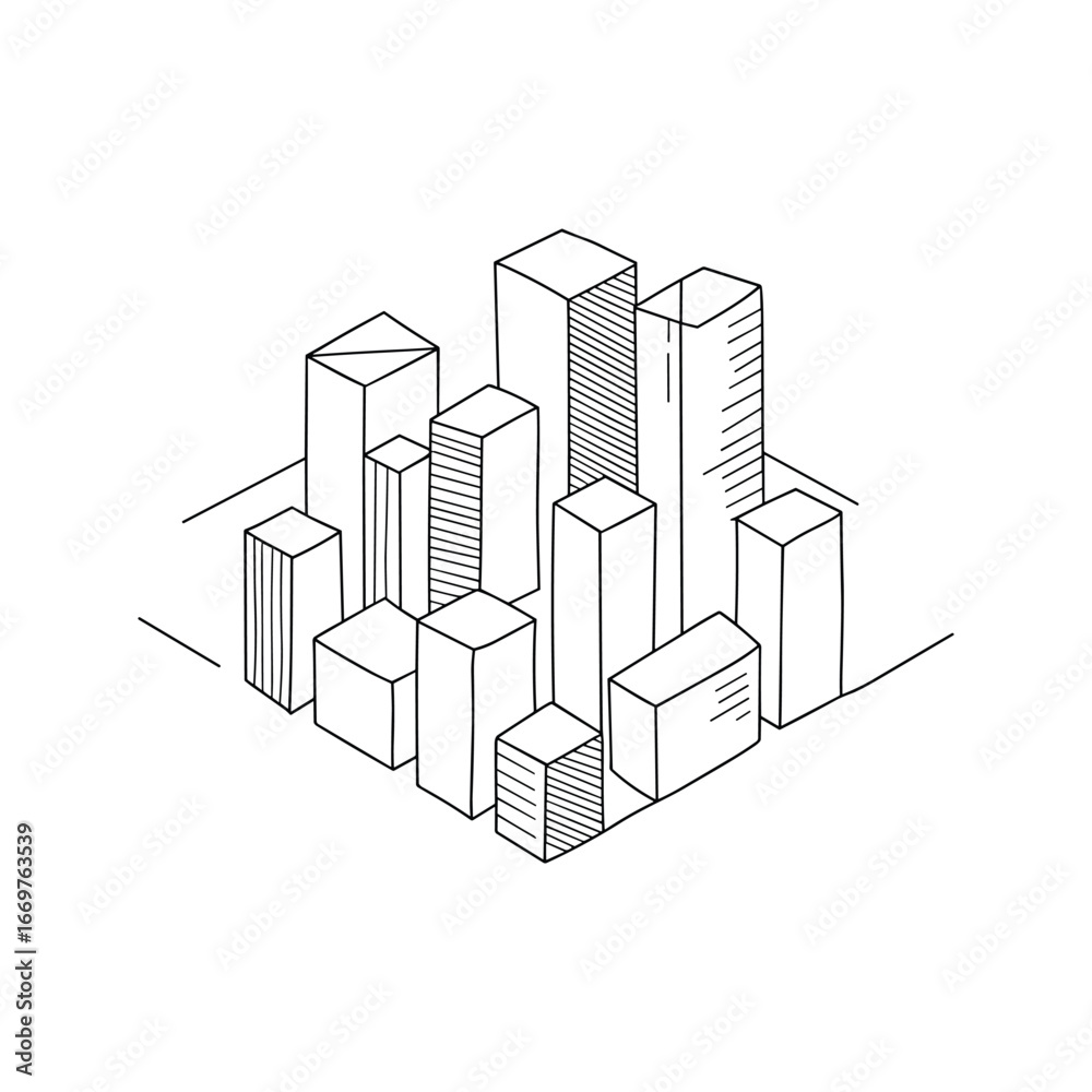 Fototapeta premium Skyscraper cityscape sketch drawing isometric perspective architecture building outline art