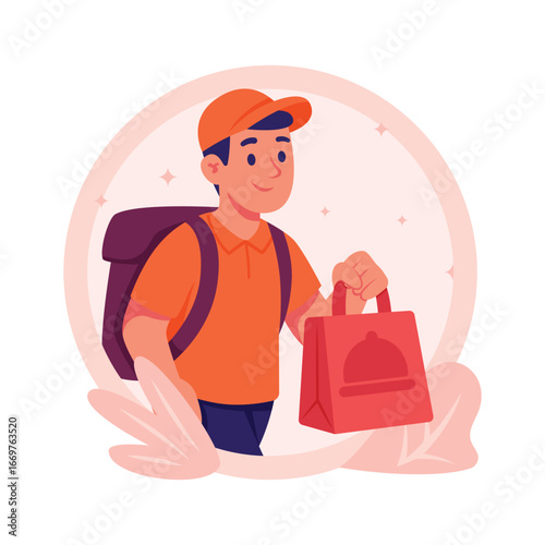 A flat style illustration of a delivery man walking and carrying a shopping bag.